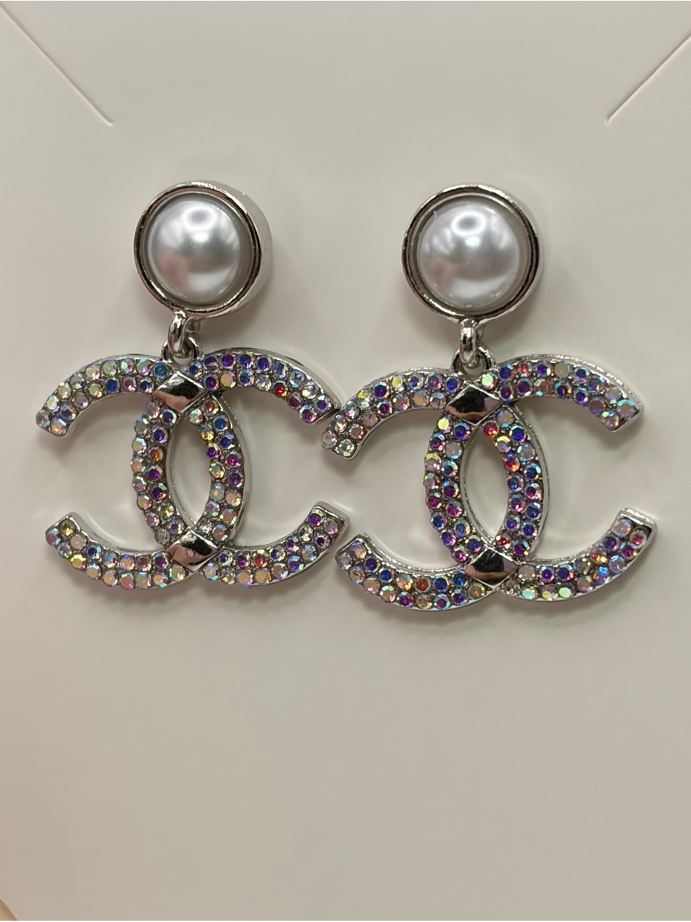 Iridescent Crystal Monogram Drop Earrings - Silver Pearl Accent